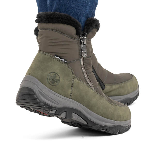 Rieker M9670-54 women's wide brown textile water resistant side zip ankle boots, lifestyle view 3 of 9.