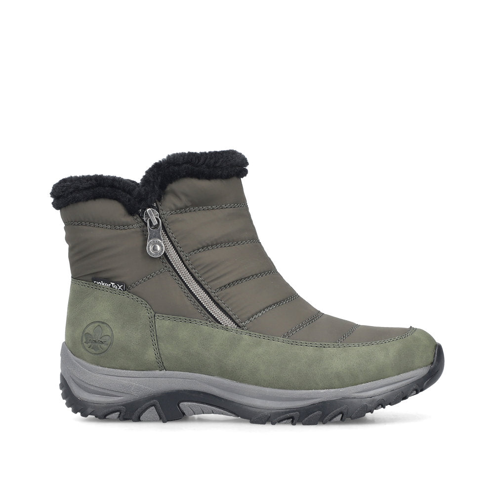 Rieker M9670-54 women's wide brown textile water resistant side zip ankle boots, opposite side view.