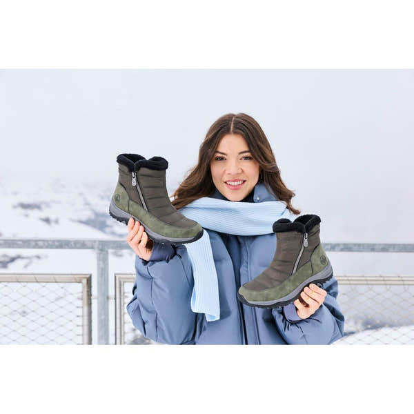Rieker M9670-54 women's wide brown textile water resistant side zip ankle boots, lifestyle view 7 of 9.