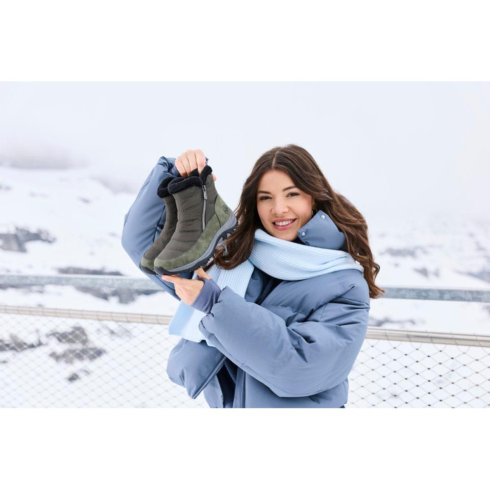Rieker M9670-54 women's wide brown textile water resistant side zip ankle boots, lifestyle view 9 of 9.