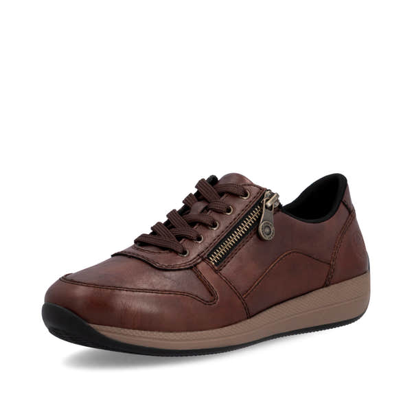 Rieker N1100-22 women's wide brown leather zip & lace shoes, front three-quarter view.