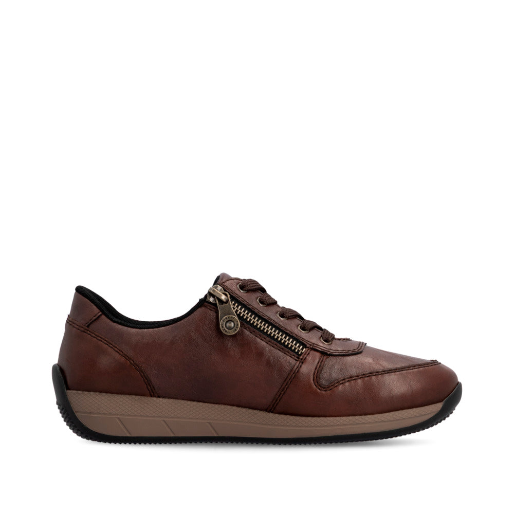 Rieker N1100-22 women's wide brown leather zip & lace shoes, outer side view.