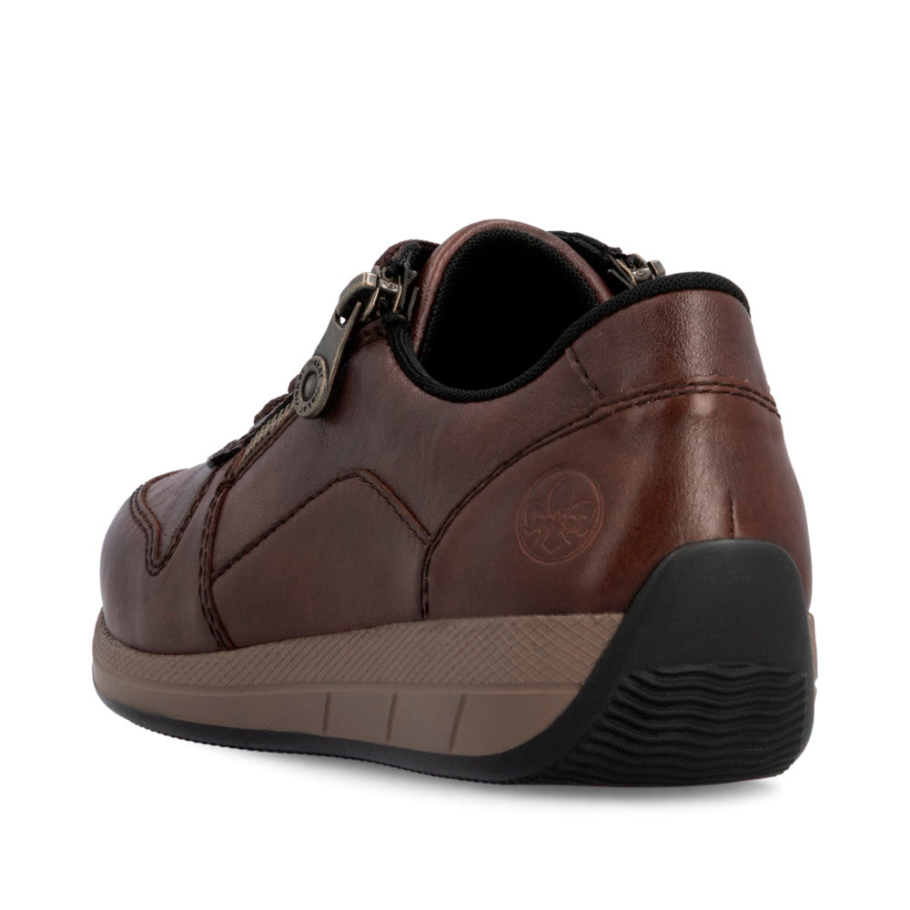 Rieker N1100-22 women's wide brown leather zip & lace shoes, rear three-quarter view.
