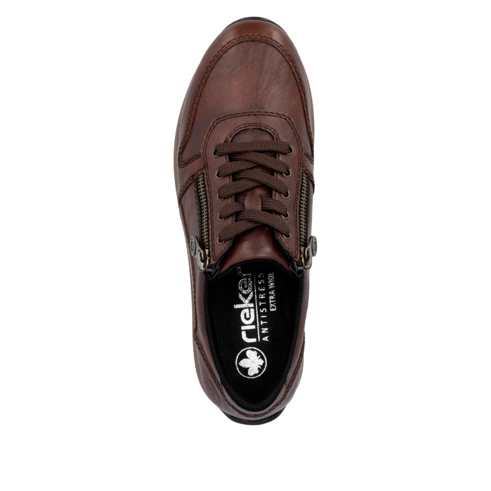 Rieker N1100-22 women's wide brown leather zip & lace shoes, top view.