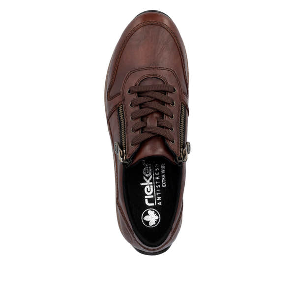 Rieker N1100-22 women's wide brown leather zip & lace shoes, top view.