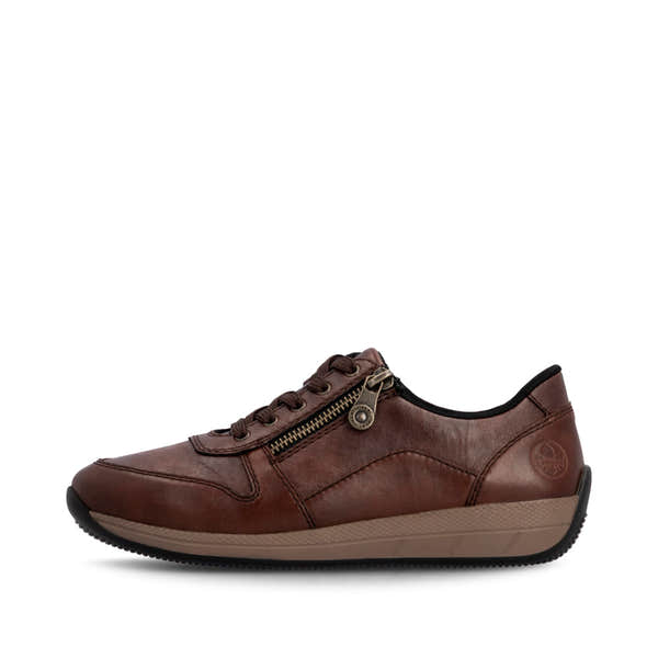 Rieker N1100-22 women's wide brown leather zip & lace shoes, inner side view.
