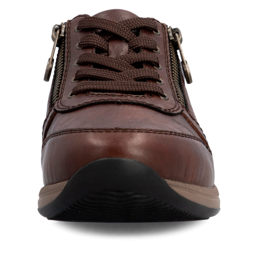 Rieker N1100-22 women's wide brown leather zip & lace shoes, front view.