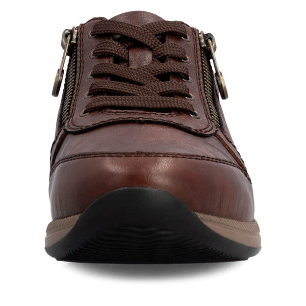 Rieker N1100-22 women's wide brown leather zip & lace shoes, front view.