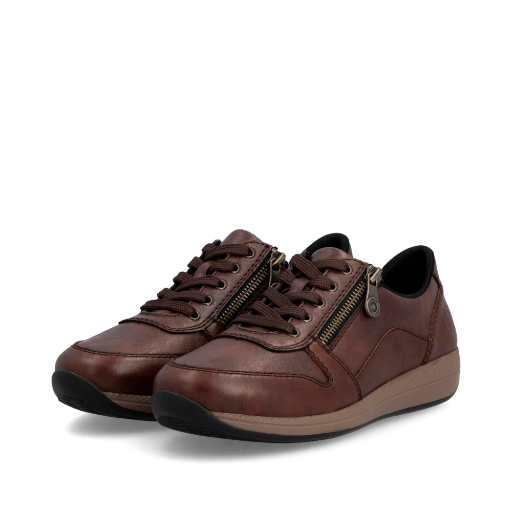 Rieker N1100-22 women's wide brown leather zip & lace shoes, paired three-quarter view.