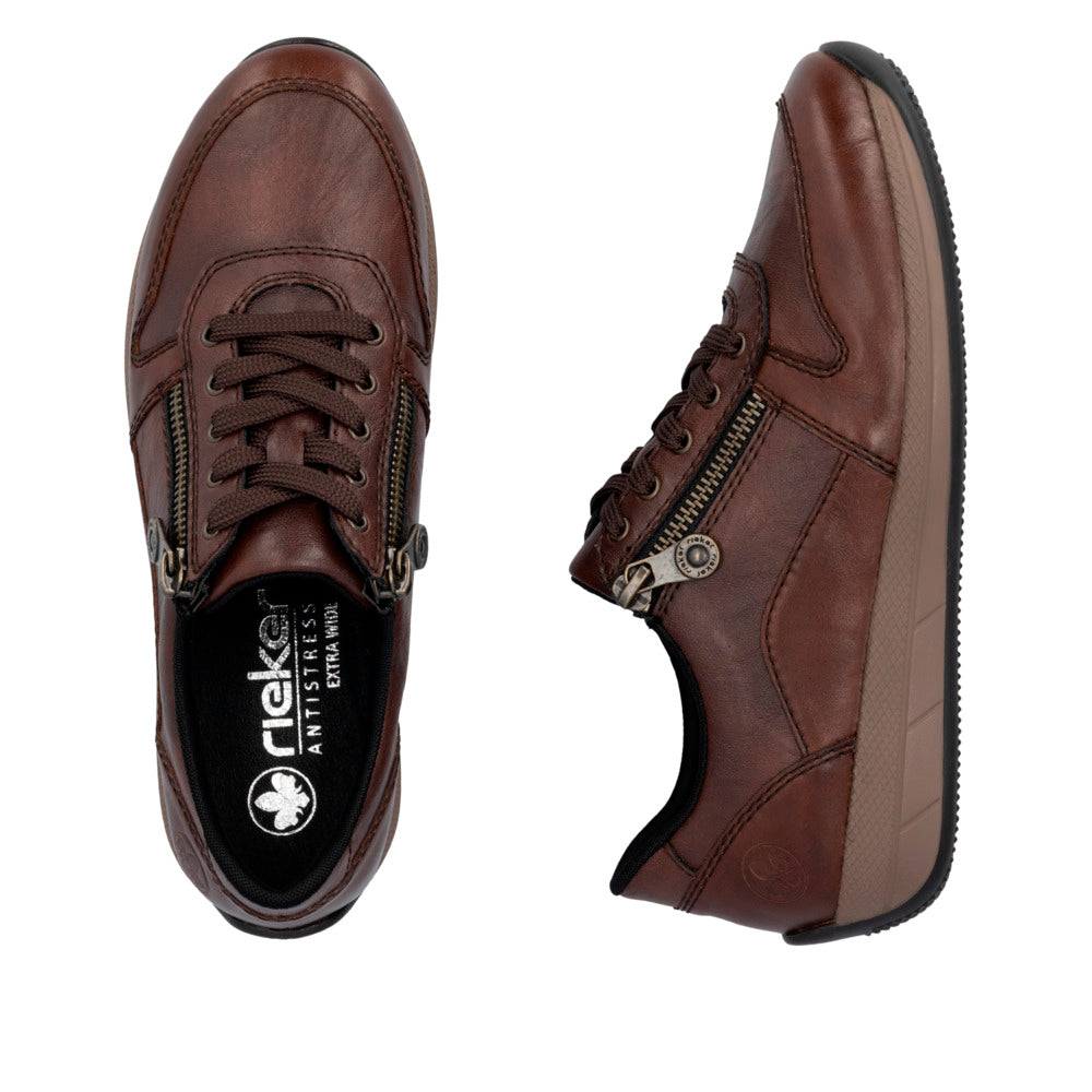 Rieker N1100-22 women's wide brown leather zip & lace shoes, two-angle product view.