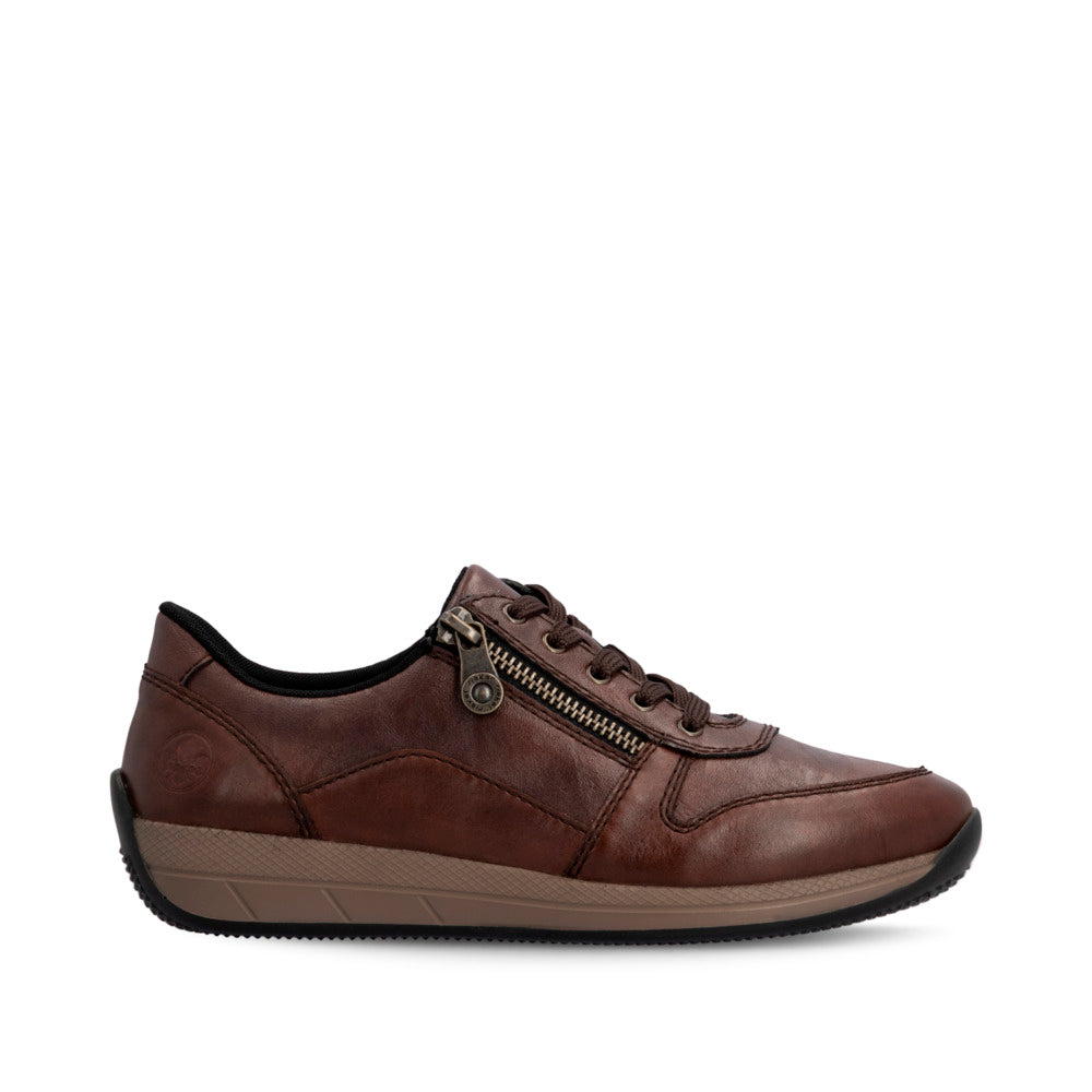 Rieker N1100-22 women's wide brown leather zip & lace shoes, opposite side view.