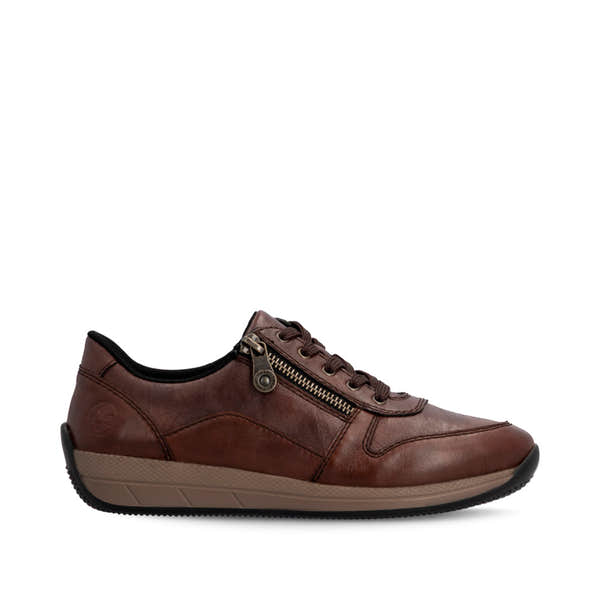 Rieker N1100-22 women's wide brown leather zip & lace shoes, opposite side view.