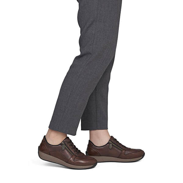 Rieker N1100-22 women's wide brown leather zip & lace shoes, on-foot lifestyle view.