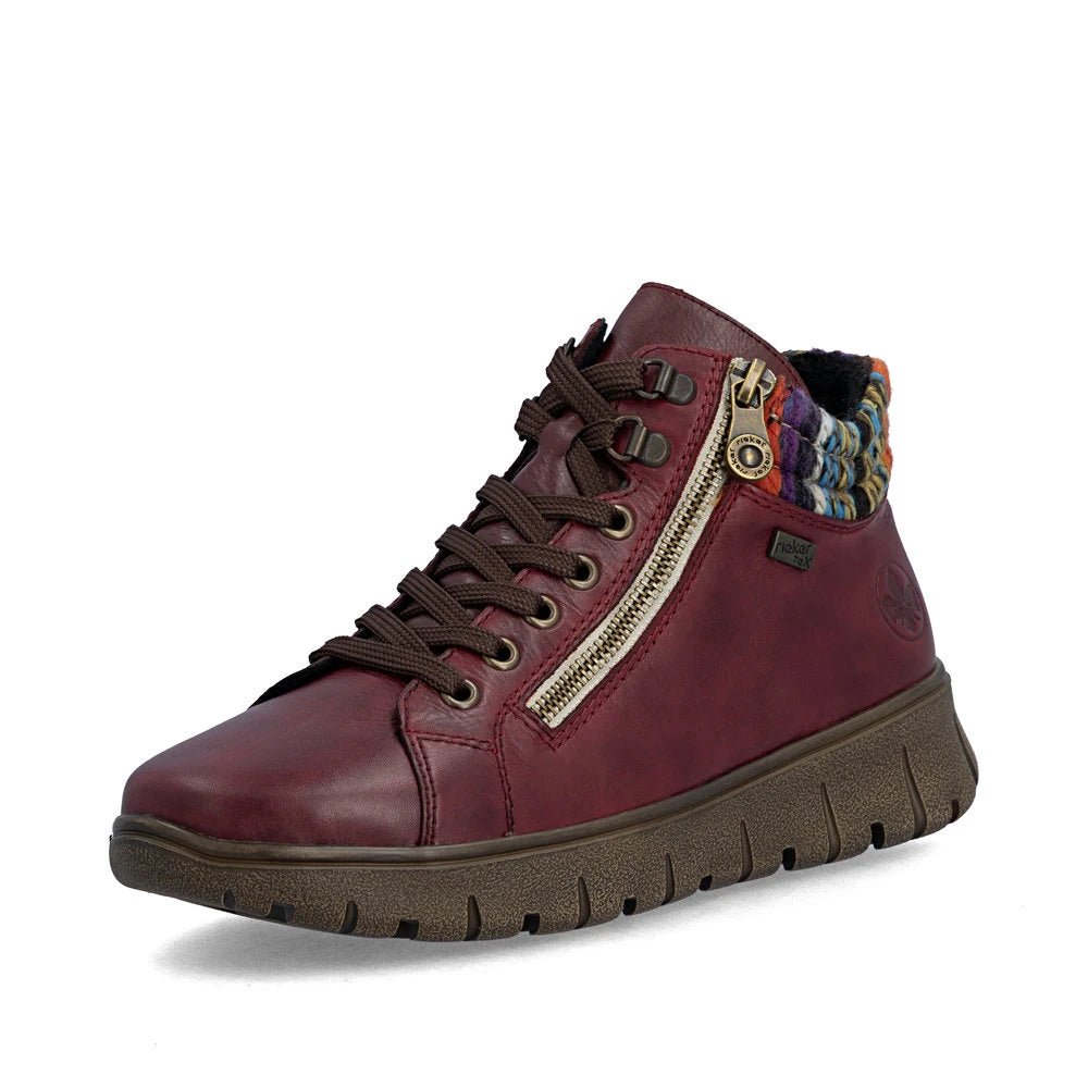 Rieker N1305-35 women's red leather zip & lace ankle boots, front three-quarter view.