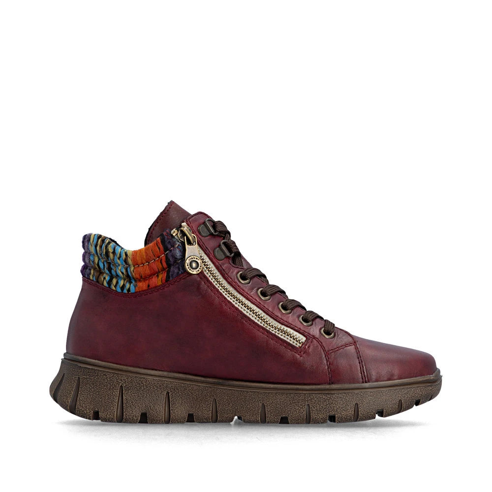Rieker N1305-35 women's red leather zip & lace ankle boots, outer side view.