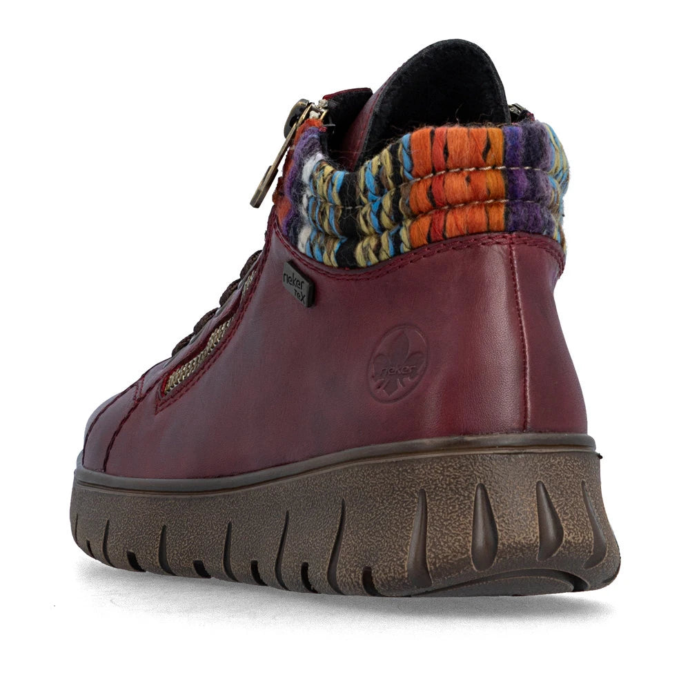 Rieker N1305-35 women's red leather zip & lace ankle boots, rear three-quarter view.
