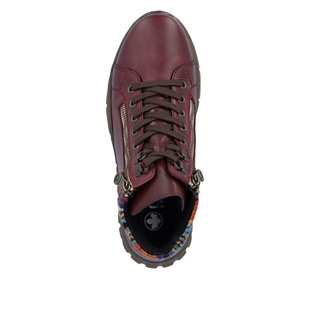 Rieker N1305-35 women's red leather zip & lace ankle boots, top view.