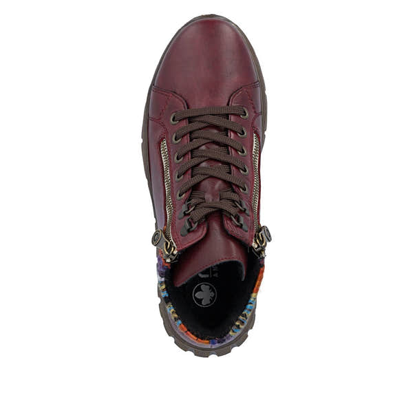 Rieker N1305-35 women's red leather zip & lace ankle boots, top view.