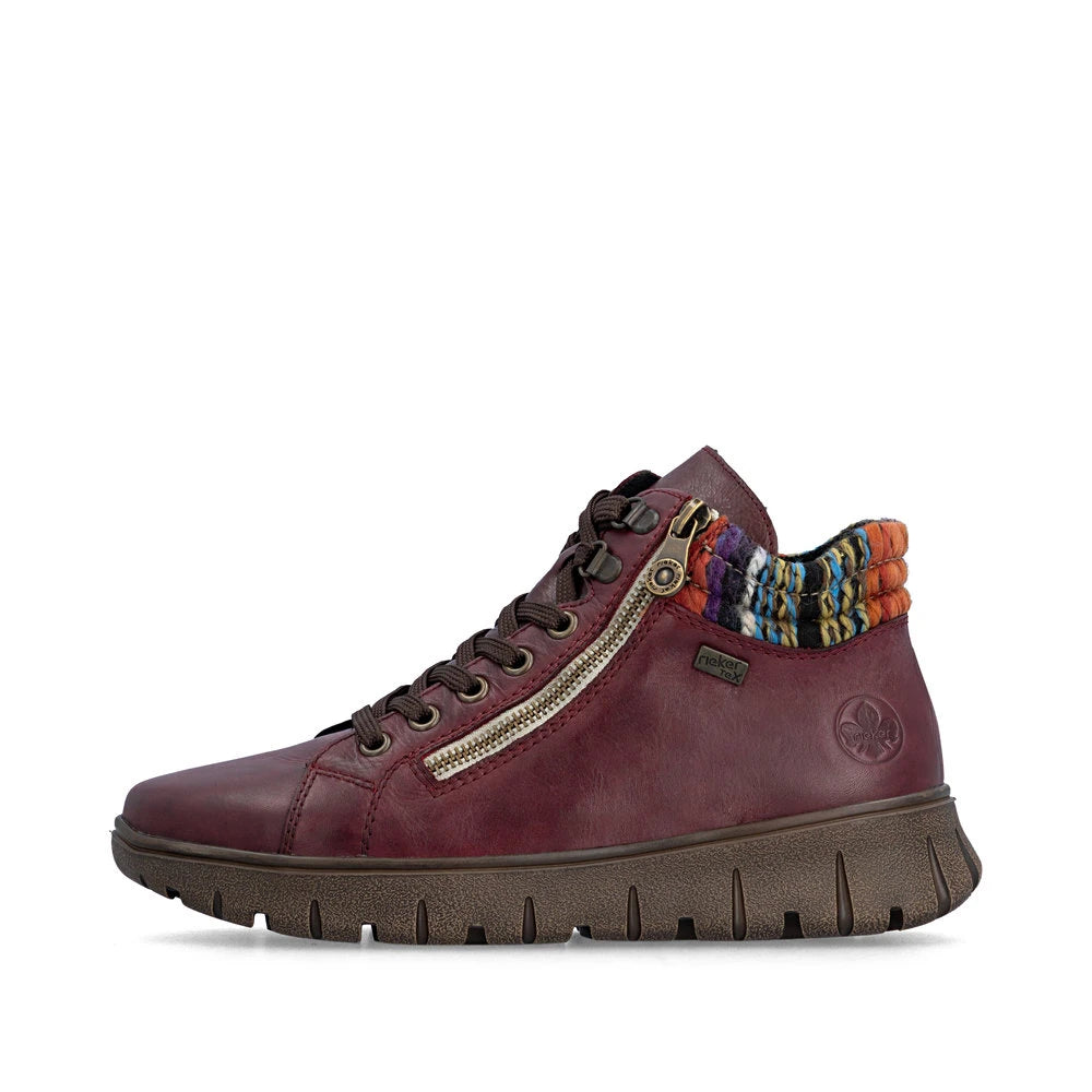 Rieker N1305-35 women's red leather zip & lace ankle boots, inner side view.