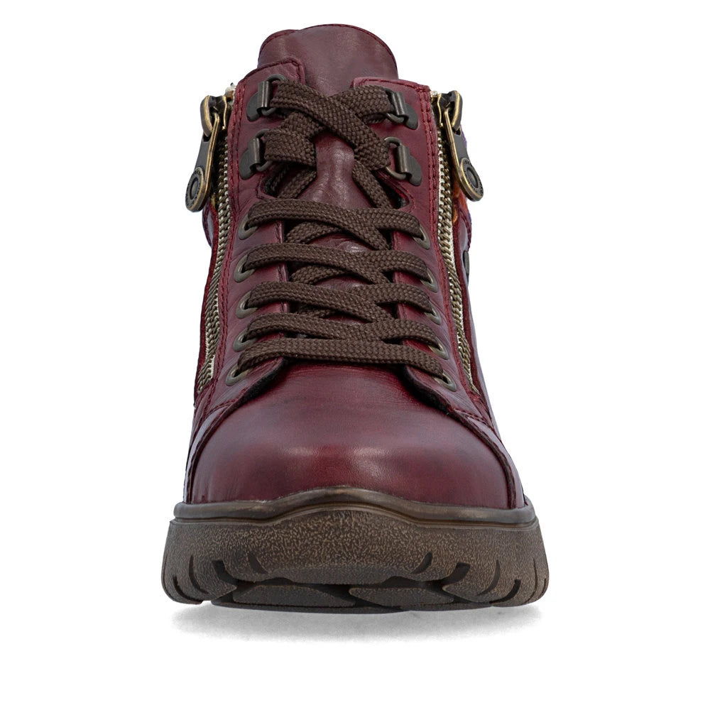 Rieker N1305-35 women's red leather zip & lace ankle boots, front view.