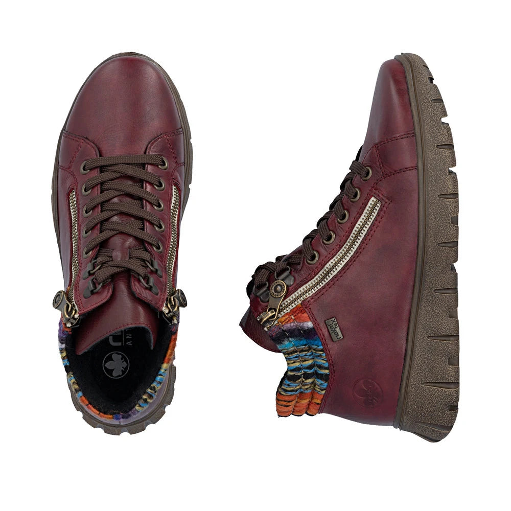 Rieker N1305-35 women's red leather zip & lace ankle boots, two-angle product view.