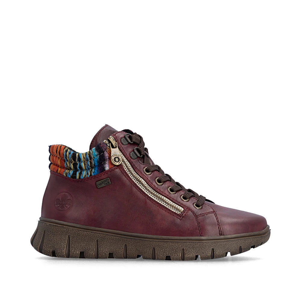 Rieker N1305-35 women's red leather zip & lace ankle boots, opposite side view.