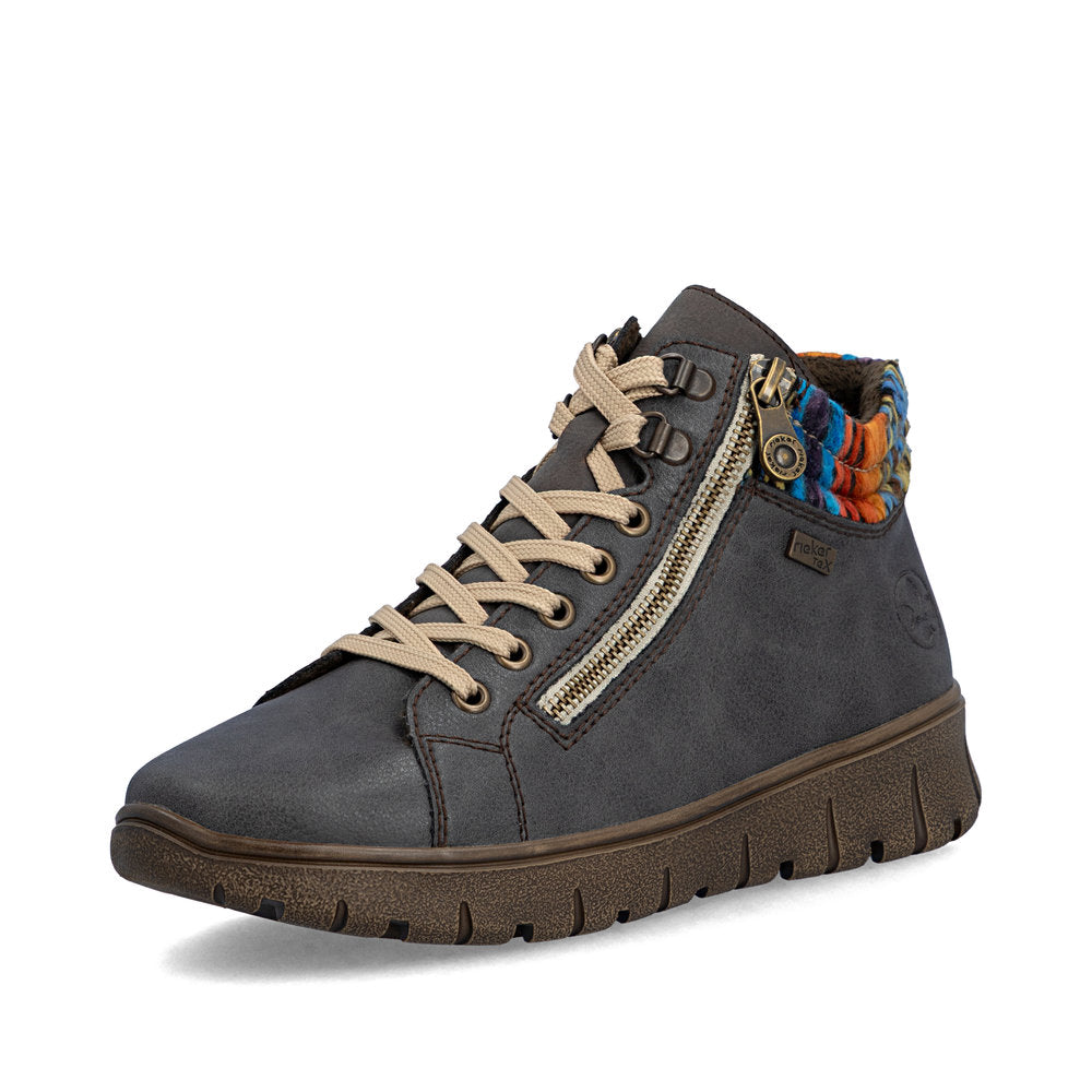 Rieker N1305-45 women's wide grey leather water resistant zip & lace ankle boots, front three-quarter view.
