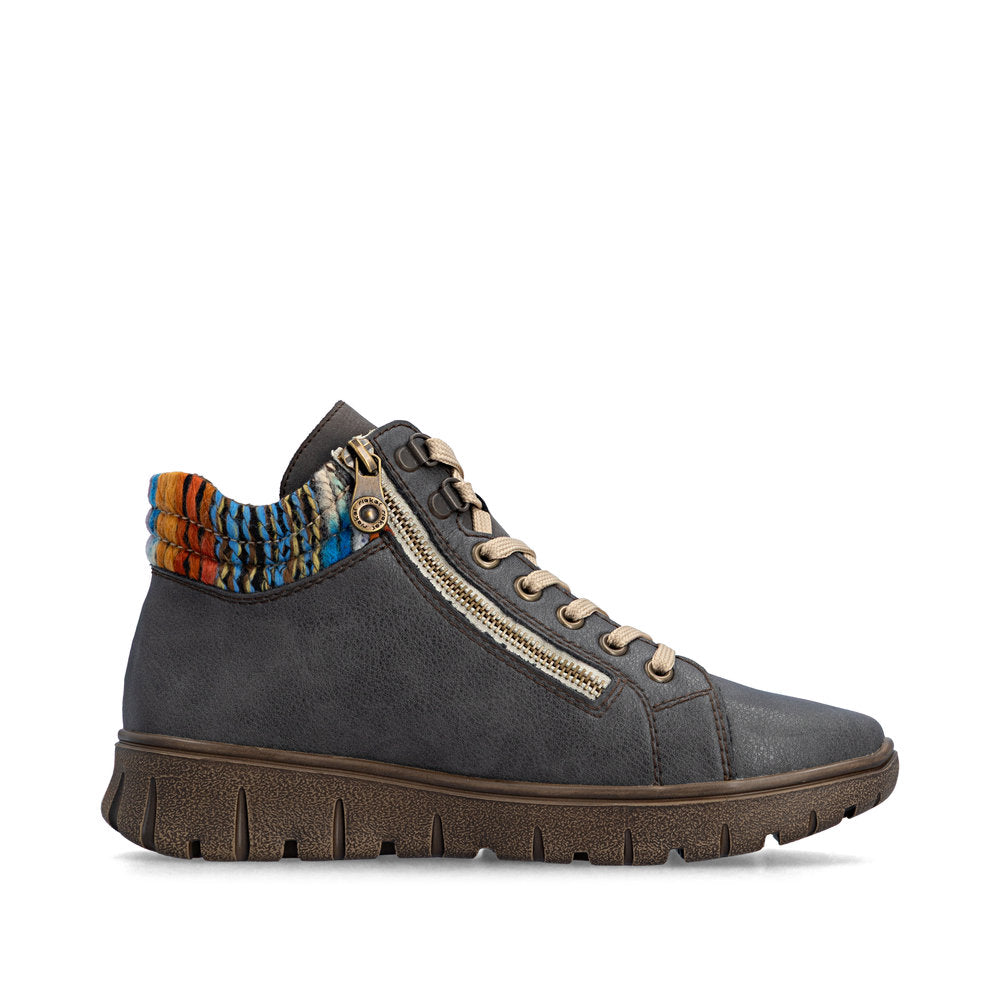 Rieker N1305-45 women's wide grey leather water resistant zip & lace ankle boots, outer side view.