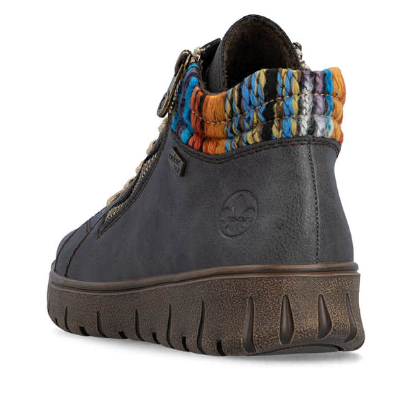 Rieker N1305-45 women's wide grey leather water resistant zip & lace ankle boots, rear three-quarter view.