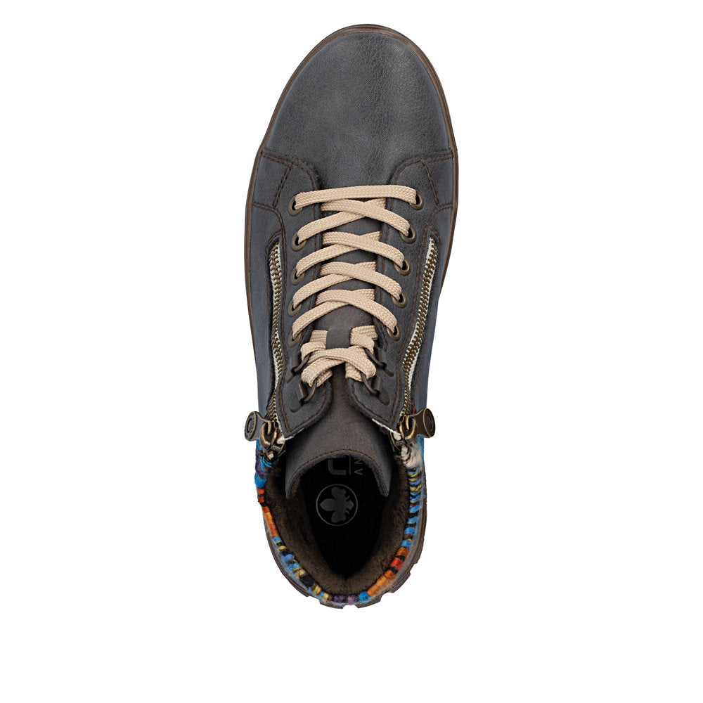 Rieker N1305-45 women's wide grey leather water resistant zip & lace ankle boots, top view.