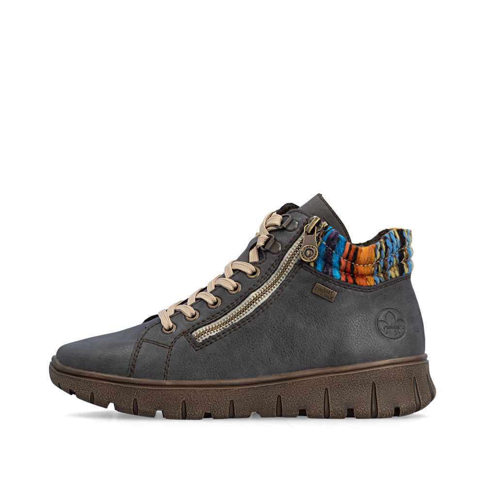 Rieker N1305-45 women's wide grey leather water resistant zip & lace ankle boots, inner side view.