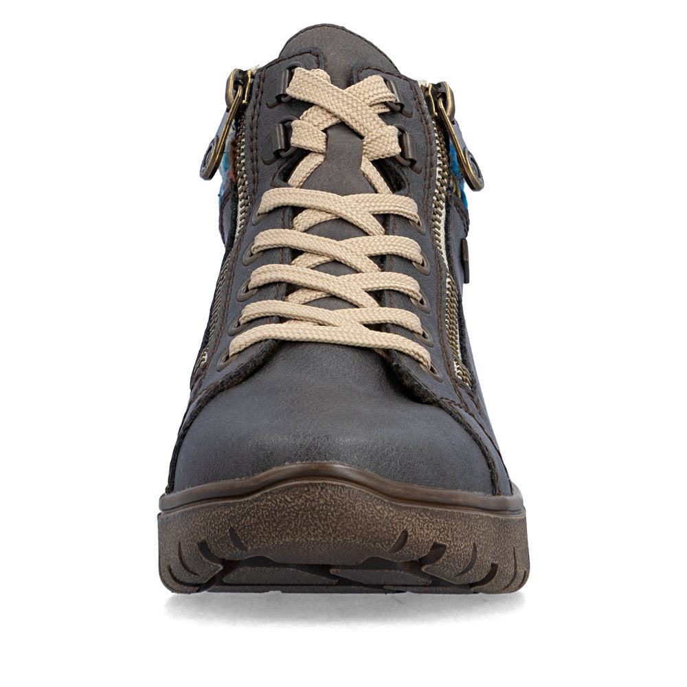Rieker N1305-45 women's wide grey leather water resistant zip & lace ankle boots, front view.