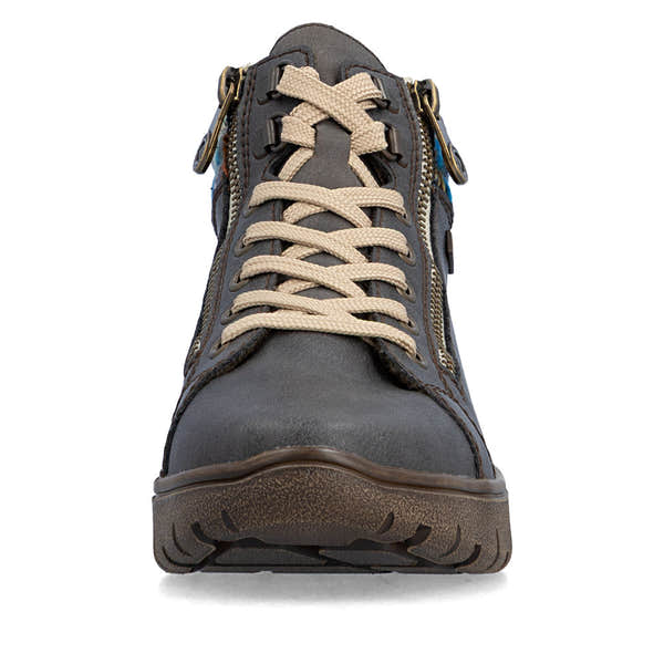 Rieker N1305-45 women's wide grey leather water resistant zip & lace ankle boots, front view.
