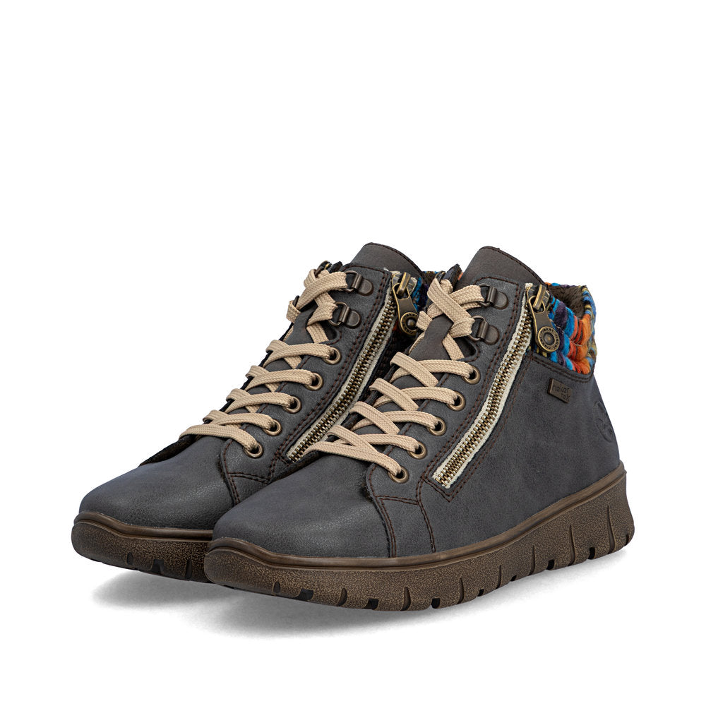 Rieker N1305-45 women's wide grey leather water resistant zip & lace ankle boots, paired three-quarter view.