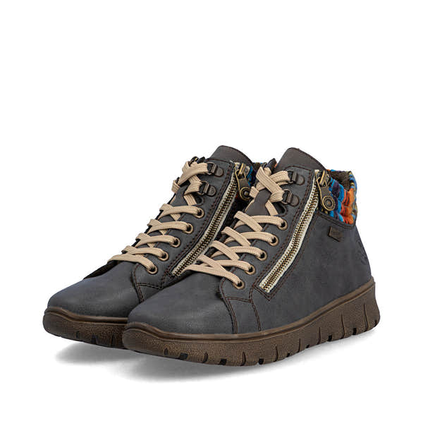 Rieker N1305-45 women's wide grey leather water resistant zip & lace ankle boots, paired three-quarter view.