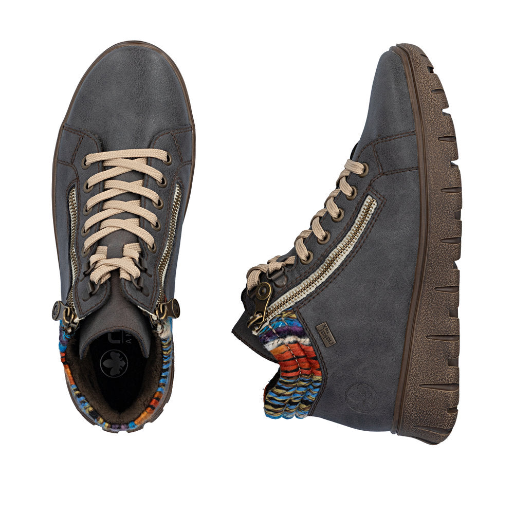 Rieker N1305-45 women's wide grey leather water resistant zip & lace ankle boots, two-angle product view.