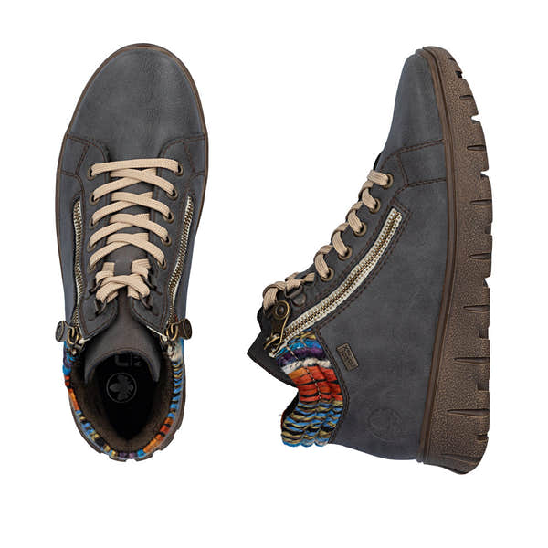 Rieker N1305-45 women's wide grey leather water resistant zip & lace ankle boots, two-angle product view.
