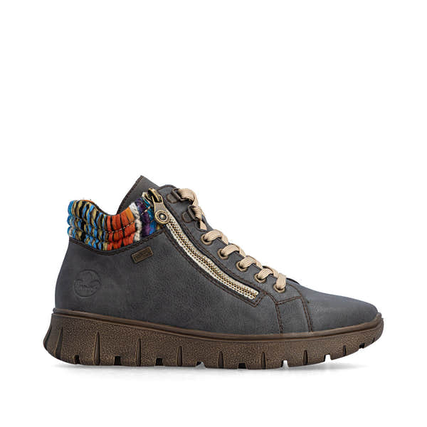 Rieker N1305-45 women's wide grey leather water resistant zip & lace ankle boots, opposite side view.
