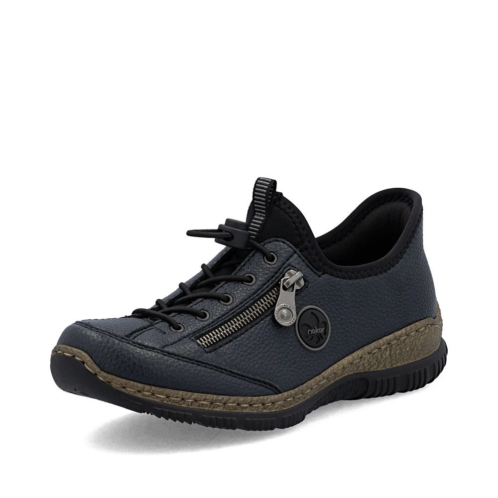 Rieker N3267-15 Ready2Go Ladies Blue Slip On Shoes, front three-quarter view.