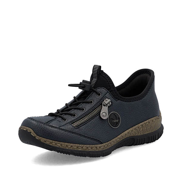 Rieker N3267-15 Ready2Go Ladies Blue Slip On Shoes, front three-quarter view.