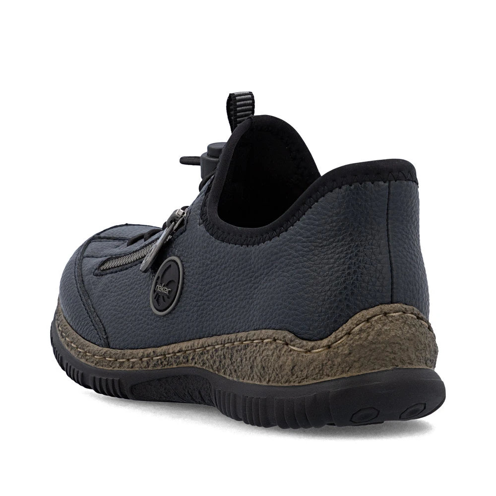 Rieker N3267-15 Ready2Go Ladies Blue Slip On Shoes, rear three-quarter view.
