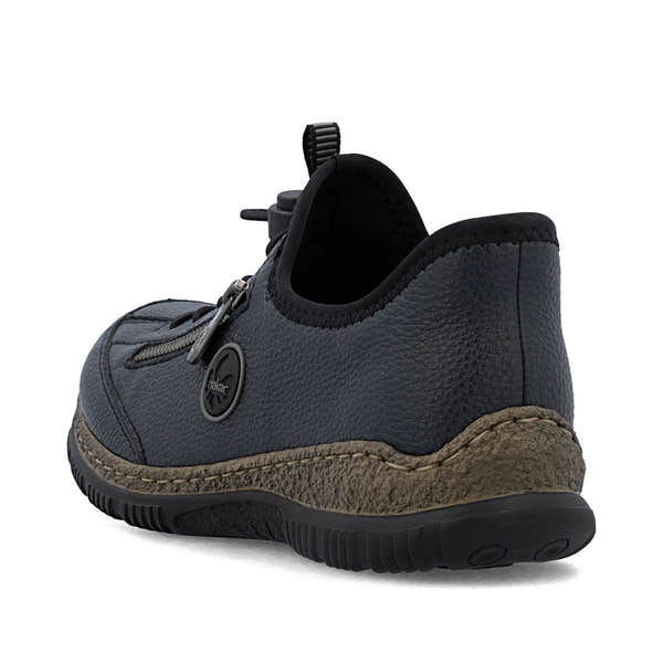 Rieker N3267-15 Ready2Go Ladies Blue Slip On Shoes, rear three-quarter view.