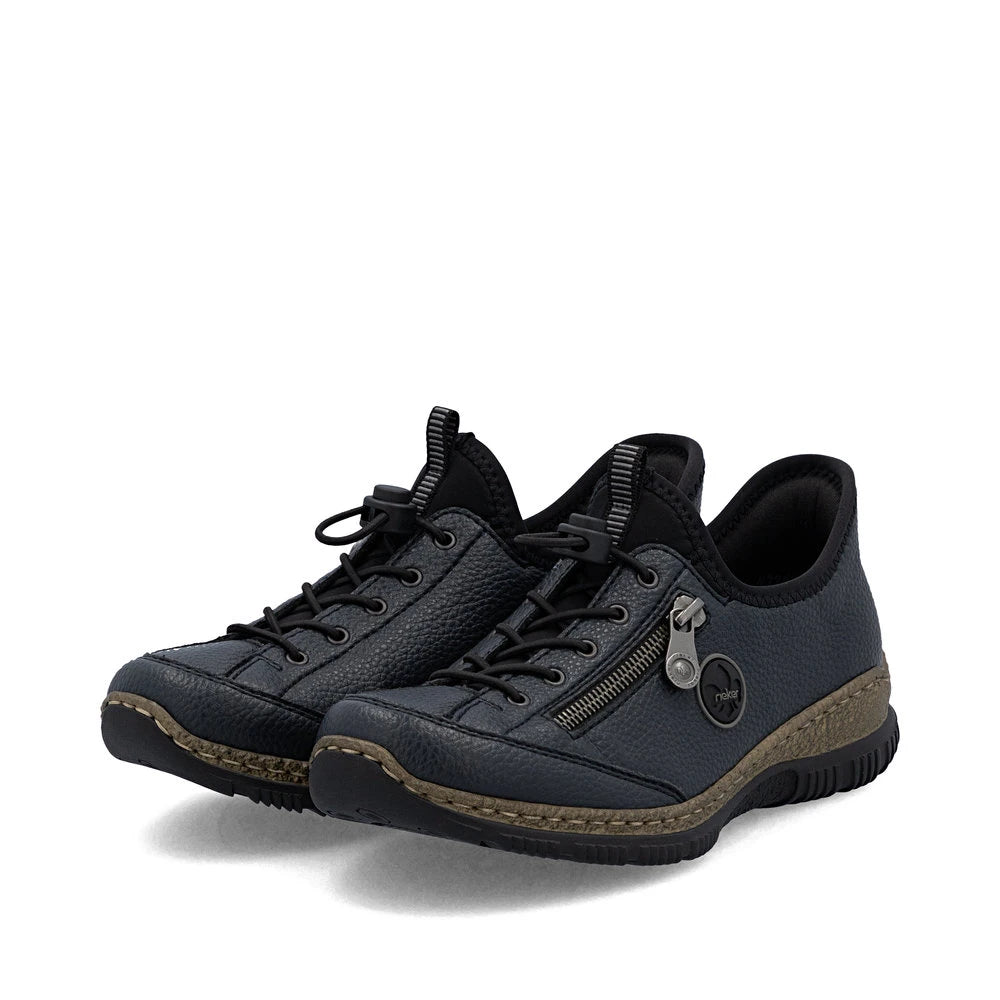 Rieker N3267-15 Ready2Go Ladies Blue Slip On Shoes, paired three-quarter view.