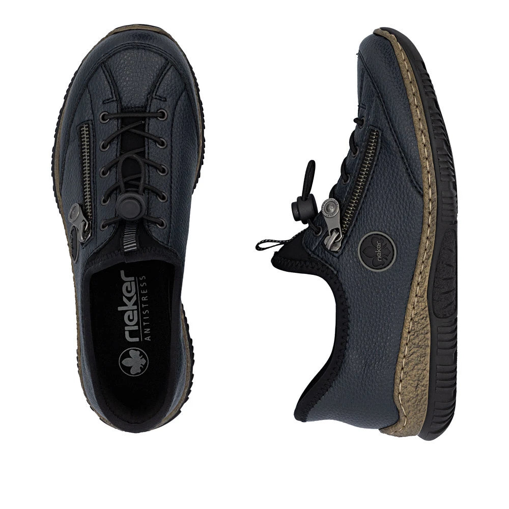 Rieker N3267-15 Ready2Go Ladies Blue Slip On Shoes, two-angle product view.