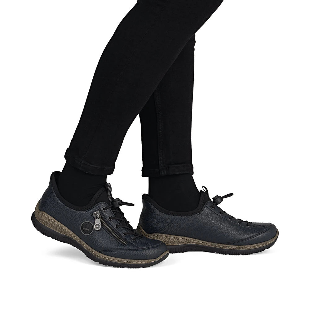 Rieker N3267-15 Ready2Go Ladies Blue Slip On Shoes, on-foot lifestyle view.