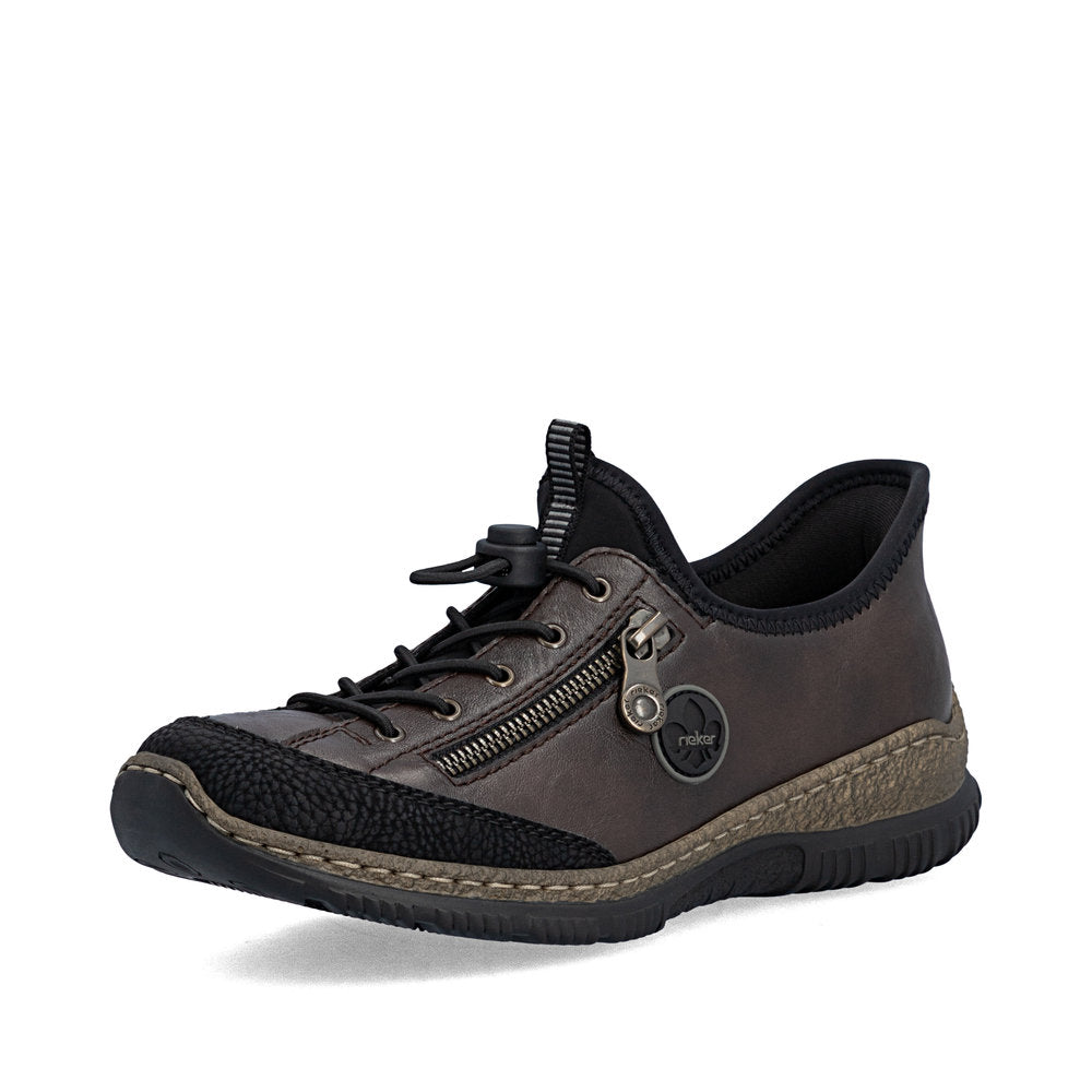 Rieker N3267-25 women's black elasticated shoes, front three-quarter view.
