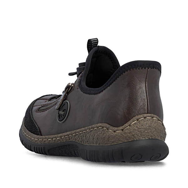 Rieker N3267-25 women's black elasticated shoes, rear three-quarter view.