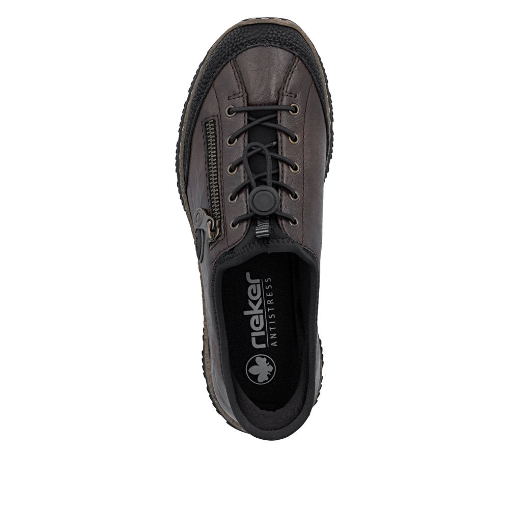 Rieker N3267-25 women's black elasticated shoes, top view.