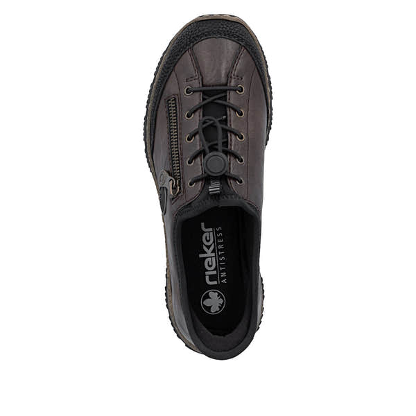 Rieker N3267-25 women's black elasticated shoes, top view.