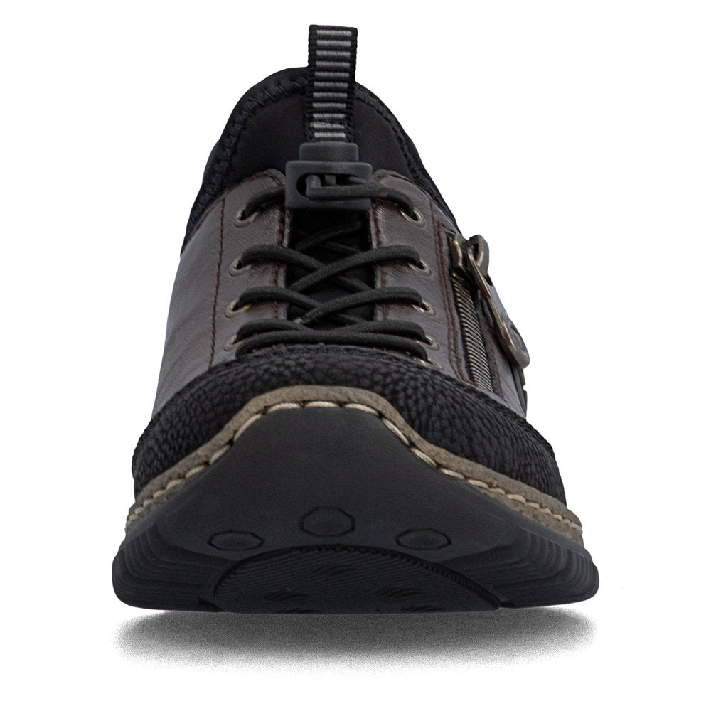 Rieker N3267-25 women's black elasticated shoes, front view.
